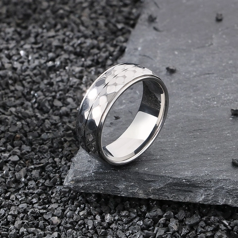 Anillo De Acero Inoxidable Con Textura Martillada Para Hombre Estilo Industrial Simple Banda Ancha Joyería Accesorio Moda Mate