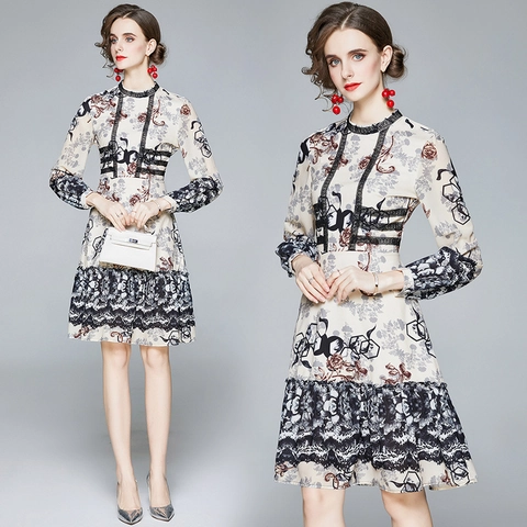 Dames Midi Jurk Bloemenprint Chiffon Lange Mouwen Elegant Opstaande Kraag Ruches Aan De Zoom Kant
