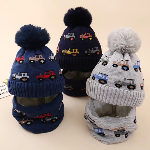 Bonnet Et Écharpe En Tricot D'Hiver Chaud Doublé Polaire Jacquard Motif Tracteur Pompon Pour Enfants