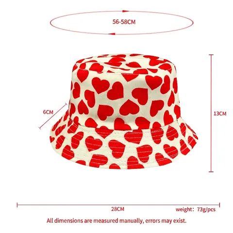 Reversible Bucket Hat Heart Print Cotton Polyester Sun Protection Outdoor Summer Sweet Cute For Adult