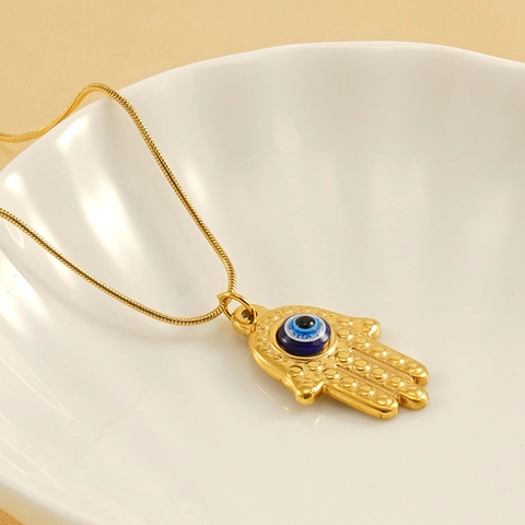 Hamsa Hand Böser Blick Anhänger Halskette 18K Vergoldet Edelstahl Blau Emaille Türkischer Schutz Schmuck Für Damen