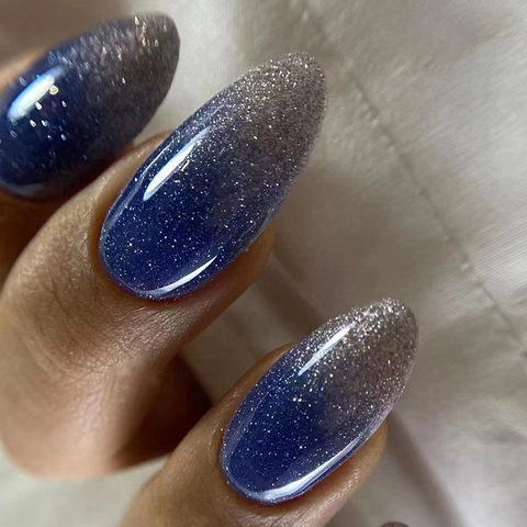 Blau Silber Farbverlauf Glitzer Aufpressnägel Lange Mandel Künstliche Falsche Nägel Glänzendes Galaxie Design