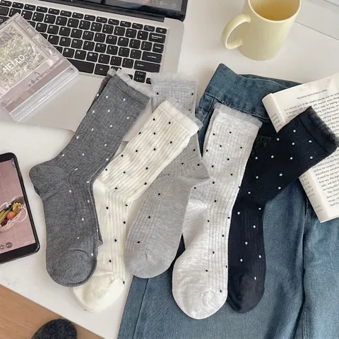 Women Crew Socks Bamboo Fiber Polka Dot Breathable Lace Trim Ribbed Sweet Retro Casual Hosiery