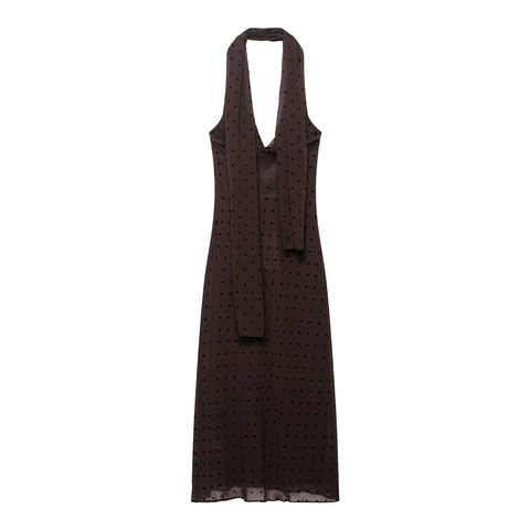 Halterhals Polka Dot Kleid Rückenfrei Elegant Ärmellos Netz Chiffon Maxi Kaffeebraun Für Frauen Lässige Sommer Mode