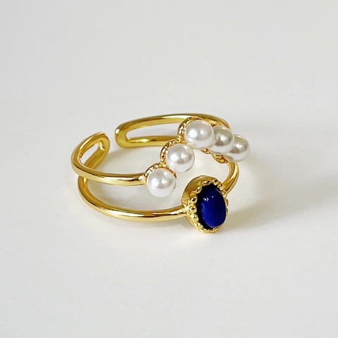 Vintage 925 Sterling Silber Zweilagiger Verstellbarer Ring Mit Blauem Edelstein Und Weißen Künstliche Perlen 18K Vergoldet Französischer Schick
