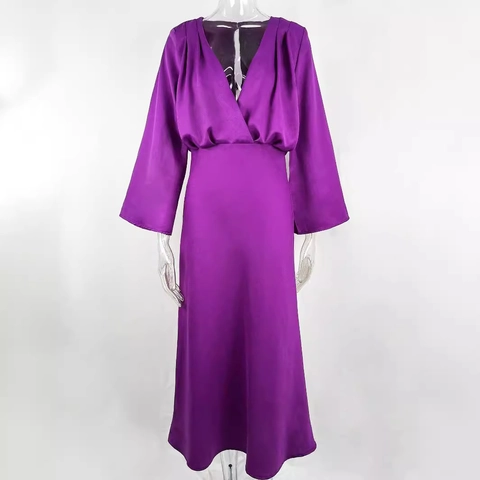 Abito Maxi Elegante In Raso Scollo A V Profondo Maniche Lunghe A Campana Vita Alta Vintage Sera Per Donna