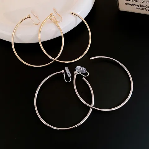 Large Hoop Clip On Earrings Copper Round Circle Minimalist Non Pierced Fashion Jewelry For Women Elegant High Polish