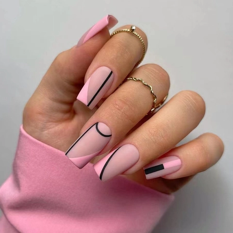 Unghie Finte Opache Rosa Linee Geometriche Nere Minimalista Francese Quadrato Artificiale Manicure Donne