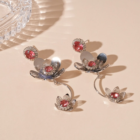 Boucles D'Oreilles Pendantes À Fleurs Pour Femmes Avec Zircon Cuivre Métal Et Tige En Argent Style Western Chic