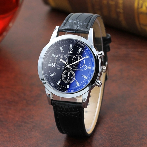 Niche Mode Heren Kwartshorloge Met Kunstlederen Band Legering Kast Blauw Glas Spiegel Zakelijk Casual