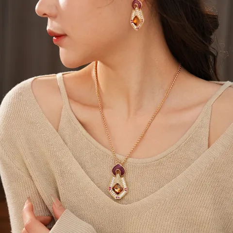 Collana E Orecchini A Rombo Vintage Lega Smalto Strass Geometrico Pietra Ambra Gioielli Di Lusso Per Donna