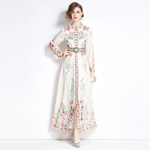 Robe Maxi Élégante À Imprimé Fleuri Pour Femmes Col Montant Manches Longues Boutonnée Style Court Avec Ceinture Blanc Crème
