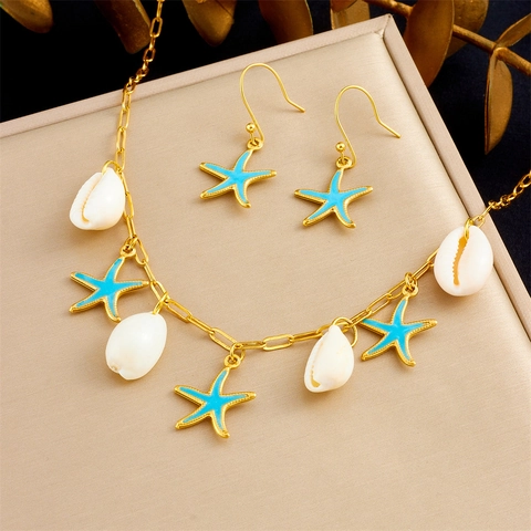 Collar Y Pendientes De Estrella De Mar Concha Acero Inoxidable Chapado En Oro Esmalte Azul Vacaciones Playa Verano Mujer