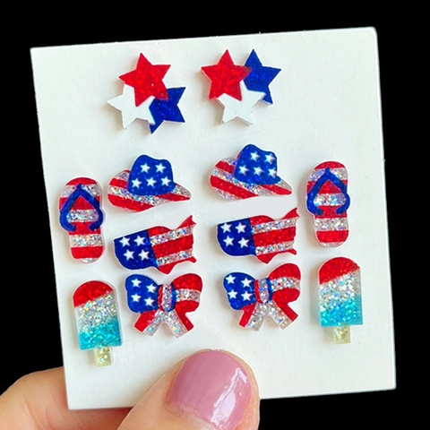 Patriotic Stud Earrings Acrylic Glitter Red White Blue American Flag Independence Day July Fourth Jewelry For Women