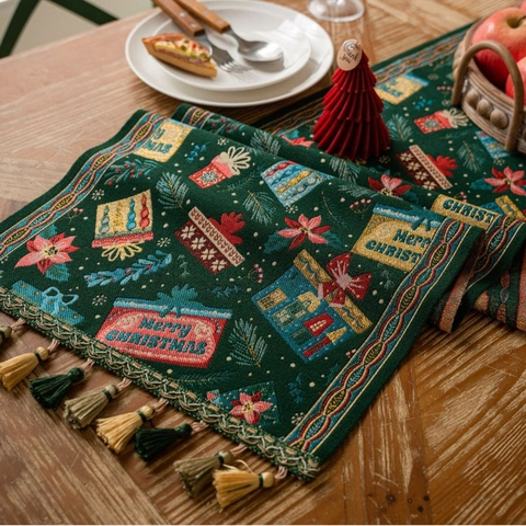 Christmas Table Runner Jacquard Polyester Tassel Edge Santa Claus Gift Box Pattern For Holiday Dining Table Decor