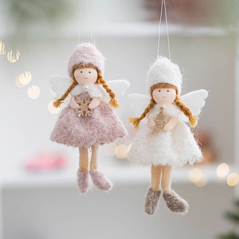 Decorazione Sospesa Angelo Di Natale Ragazza Peluche Maglia Feltro Ornamento Per Albero Casa Festa Carine Ali Trecce Accento Dorato