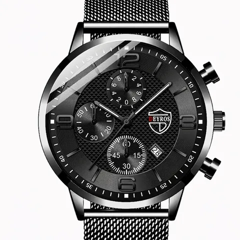 DEYROS Men Fashion Business Quartz Watch Stainless Steel Mesh Strap Calendar Luminous Dial Casual Male Wristwatch Professional Gift