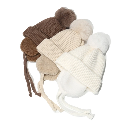 Kids Winter Knitted Earflap Hat Warm Acrylic Trapper Hat With Faux Fur Pom Pom For Baby Toddler Girls Boys Solid Color Beanie