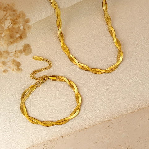 Collana A Catena A Spina Di Pesce Intrecciata Placcata Oro 18K Acciaio Inossidabile 304 Gioielli Minimalisti Donna