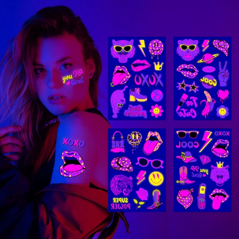 Fluoreszierende Wasser Transfer Temporäre Tattoo Aufkleber Wasserdicht UV Glow Neon Y2K Preppy Style Für Musikfestival Party