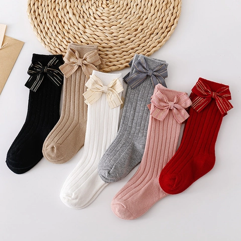 Calze Al Ginocchio Bambini Cotone Pettinato Maglia A Costine Fiocco Filo D'oro Strisce Verticali Stile Principessa