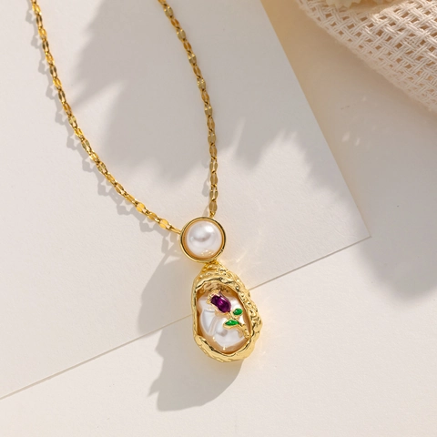 Vintage Stainless Steel Water Wave Chain Necklace With Artificial Baroque Pearl Flower Pendant For Women Fashion Jewelry