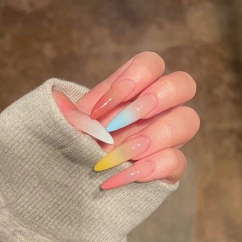 Uñas Postizas Arcoiris Ombre Forma De Almendra Larga Brillantes Extraíbles De Plástico ABS Para Mujeres