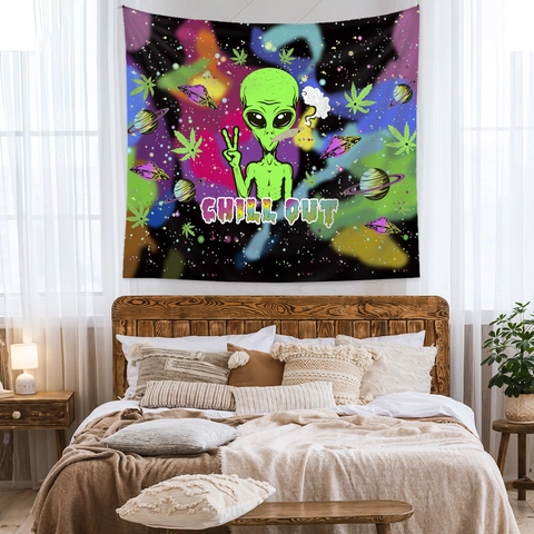 Alien Weed Leaf Psychedelic Tapestry Wall Hanging Chill Out Space UFO Tapestry For Bedroom Living Room Dorm Polyester Art Decor
