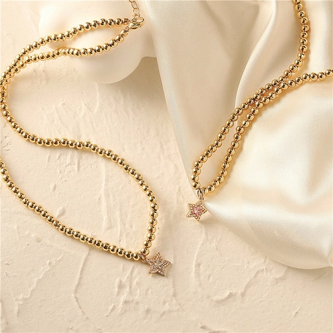 Vintage Kupfer Stern Anhänger Halskette Perlen Rundkette Mit Funkelndem Zirkon Schmuck Für Frauen Mode