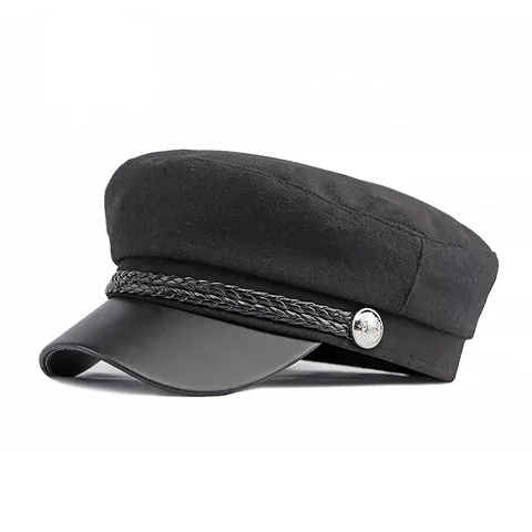 Vintage Newsboy Cap Woolen Felt Captain Hat With PU Leather Brim Braided Rope Metal Button British Style Peaked Cap