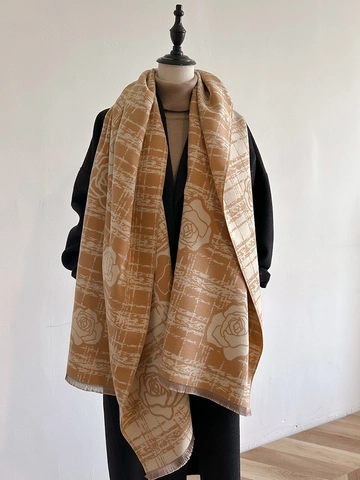 Elegante Sciarpa Scialle Con Motivo Rose E Quadri Da Donna Imitazione Cashmere Spessa Calda Doppia Faccia Con Nappine