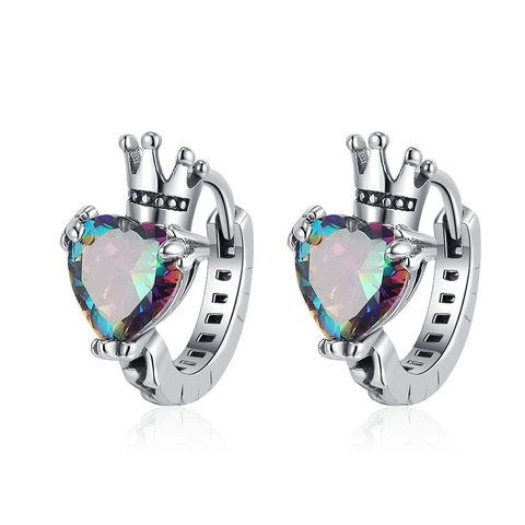 Orecchini a Cerchio Vintage Cuore e Corona per Donna in Rame con Zirconia Arcobaleno Perno in Argento Sterling 925 Gioielli Punk