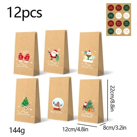 Christmas Gift Bags Kraft Paper Holiday Party Candy Treat Packaging With Stickers Cartoon Santa Tree Design