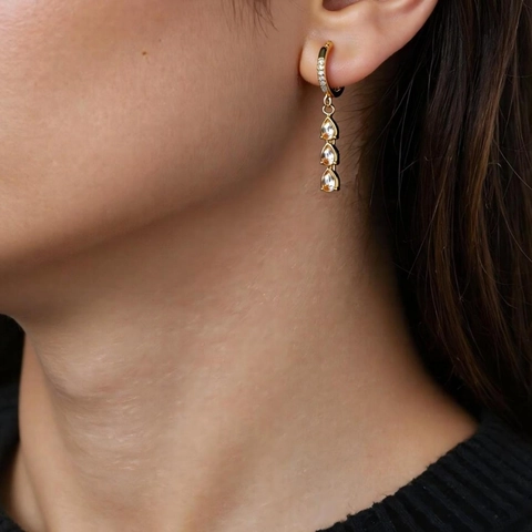 Water Drop Dangle Earrings Stainless Steel Gold Plated Zircon Tassel Chain Earrings With Stainless Steel Earring Post