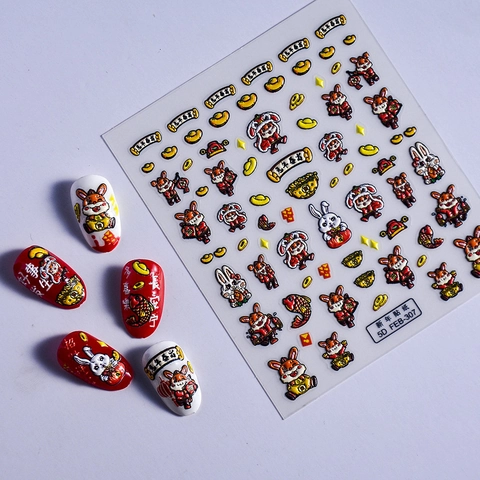 Autocollants À Ongles 5D En Relief Auto-Adhésifs Nouvel An Chinois Danse Du Lion Carpe Koi DIY Manucure Imperméable