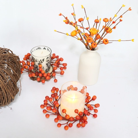 Artificial Berry Candle Ring Orange Red Autumn Halloween Wreath Decor For Pillar Candle Holder Home Party Table Ornaments