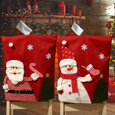 Christmas Chair Back Covers Red Burlap 3D Santa Snowman Reindeer Applique Cartoon Dining Room Table Festive Decoration