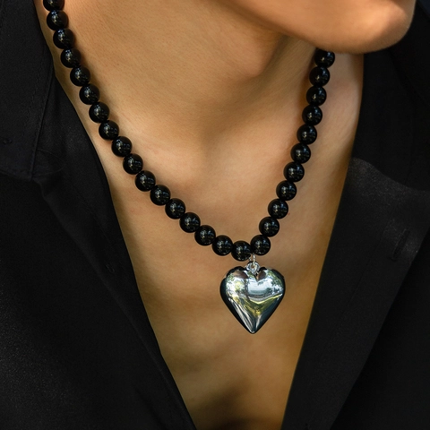 Collar Con Colgante De Corazón Pulido Con Cuentas De Acrílico Negro Joyería Estilo Hip Hop