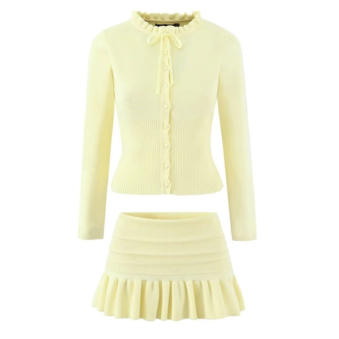 Cardigan In Maglia Da Donna E Minigonna A Costine A Maniche Lunghe Colletto Con Volant Fiocco Bottone Perla Artificial Completi Eleganti