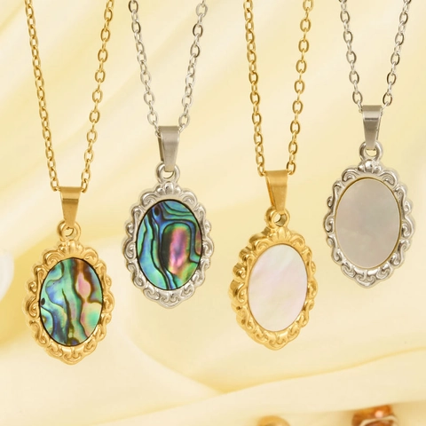 304 Stainless Steel Oval Pendant Necklace Natural Abalone Shell White Mother Of Pearl 18K Gold Plated Vintage Jewelry