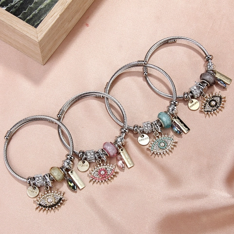 Evil Eye Bangle Bracelet Stainless Steel With Rhinestone Imitation Artificial Pearl Glass Beads Charms Adjustable Bohemian Jewelry For Women