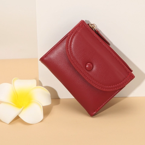 Women Short Wallet PU Leather Zipper Coin Purse Snap Button Flap Minimalist Solid Color Small Bifold Clutch