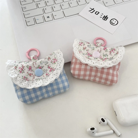 Gesteppte Gingham Kopfhörertasche Mit Spitze Blumenmuster Tragbare Kabellose Kopfhörer Hülle Süße Kleine Aufbewahrungstasche