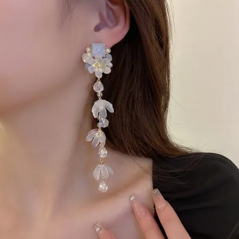 Floral Long Tassel Dangle Earrings With Acrylic Flower Crystal Artificial Pearl And Silver Earring Post Elegant Sweet Jewelry