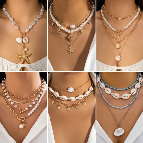 Bohemian Layered Necklace With Artificial Pearl Starfish Shell Pendants Zinc Alloy Electroplated Beach Vacation Jewelry