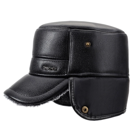 Men Winter Warm Hat Faux Leather Thickened Faux Fur Earflaps Windproof Cold Weather Flat Top Cadet Cap Outdoor Trapper