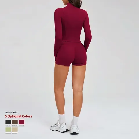 Dames Yoga Sport Lange Mouwen Jas Rits En Hoge Taille Shorts Zakken Nylon Spandex Slim Fit Fitness Gym Hardlopen