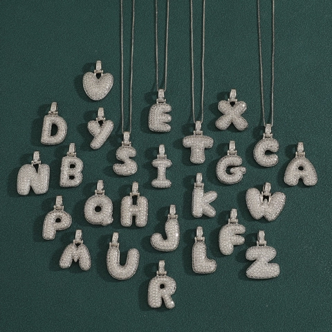 Elegant Copper Zirconia Bubble Letter Pendant Necklace For Women Silver Color Alphabet A-Z Initial Clasp Box Chain Jewelry