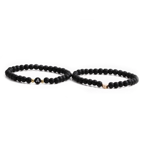 Bracciale Perline Iniziale Alfabeto Ciondolo Cuore Pietra Nera Opaca Corda Elastica Gioielli Donne Uomini