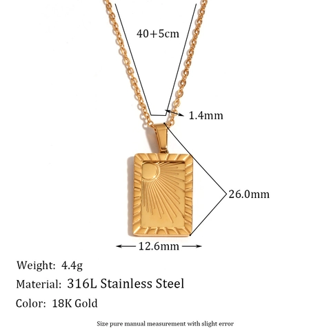 Vintage Stainless Steel 18K Gold Plated Carved Sun Plate Pendant Necklace Rectangular Sunburst Commuting Jewelry For Women